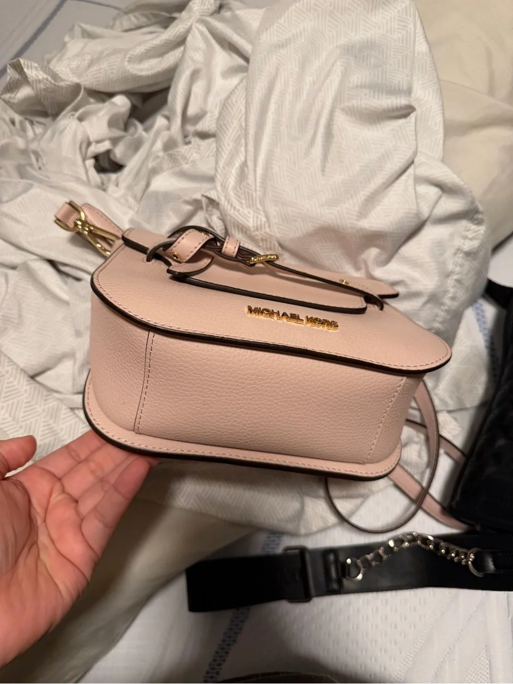 Michael Kors Blush Pink Pebbled Leather Crossbody with Gold Buckle